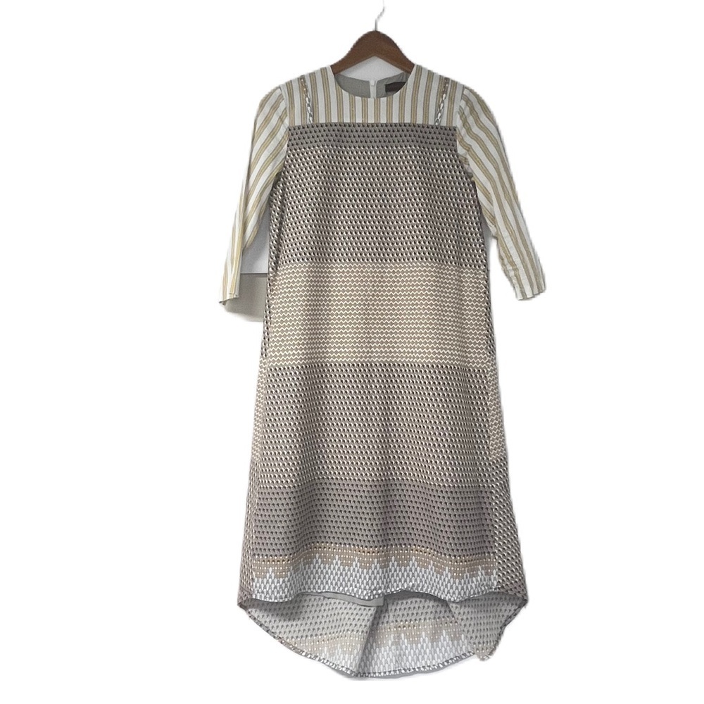 Madison & Park Woman's XS Boho geometric yellow navy white hi low midi dress fun